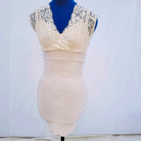 Bebe Cream color Lace Bodycon Dress - Picture 1 of 5